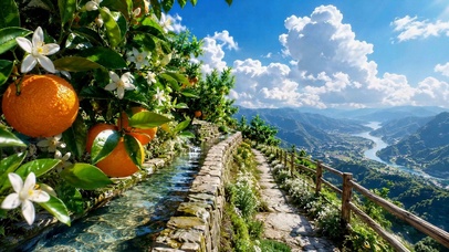 晴空山间橙园河畔治愈风景
