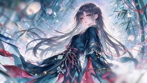 唯美氛围竹韵灯廊少女
