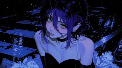 雨夜蓝发二次元美少女