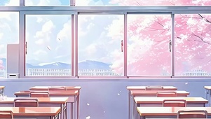 窗外樱花树木教室带鱼屏