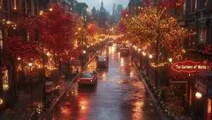 圣诞雨季枫叶城市街道