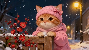 粉装暖灯的雪夜景