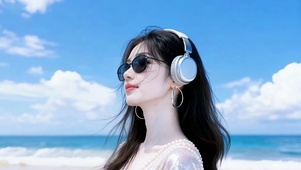 蓝天下耳机女孩