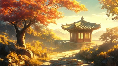 黄昏枫林公园古亭小径