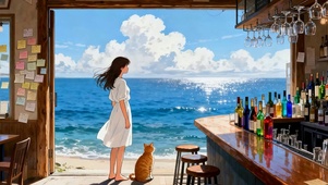 海景女孩与猫咪