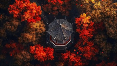 秋日绚丽红叶森林古亭