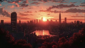 远眺城市黄昏落日建筑