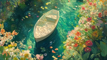静谧春日花海湖面小船