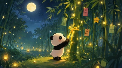 月夜竹林治愈可爱熊猫