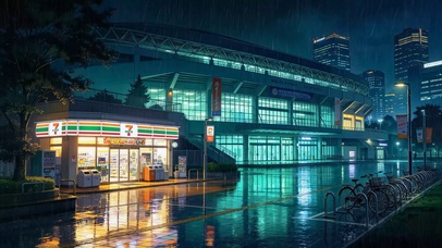 城市雨夜商场便利店