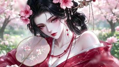 桃花执扇红衣少女