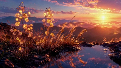 山顶日落发光草唯美风景