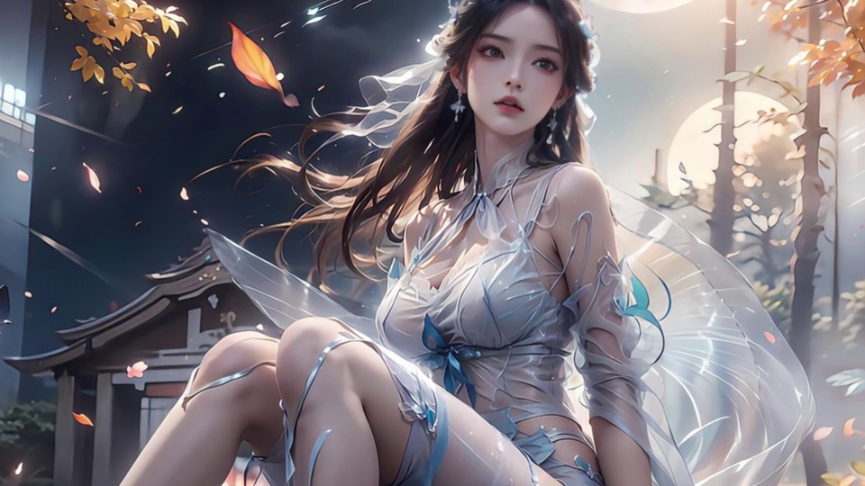 浅银蓝古风衣女子坐于画面中，发丝衣袂随风飘动，背景有古建、暖月与飘落秋叶。