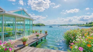 晴日湖畔花海唯美风景