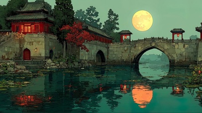 静谧圆月湖畔古建