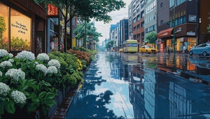 城市雨天街道水光倒影
