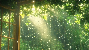 护眼窗外雨天雨滴树木绿景双屏