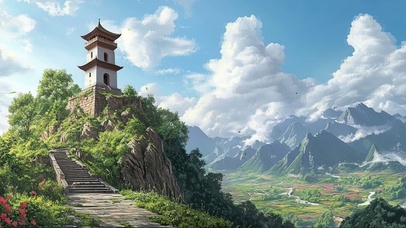 夏日蓝天山顶古塔建筑