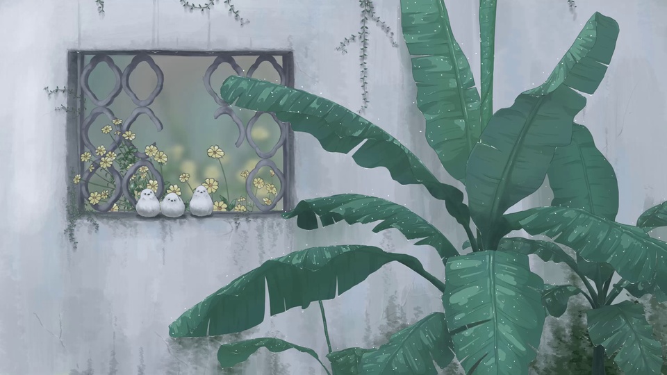 水彩国风插画：雨天古建庭院旧墙前挂水珠的鲜绿芭蕉叶，三只白鸟停在中式花窗沿，窗后露出明黄色小野花，细藤蔓垂落。