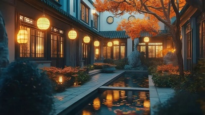 秋日静谧傍晚古风院落