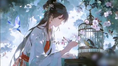 庭院喂鸟少女