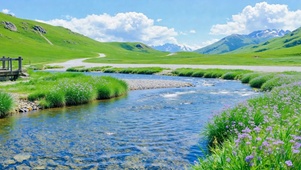 清新河畔绿草原野风景