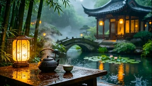 国风园林雨景