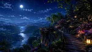 静谧月夜山间河谷夜景