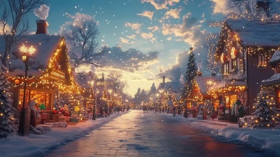 傍晚黄昏温暖圣诞小镇