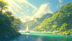清新阳光山谷溪流帆船
