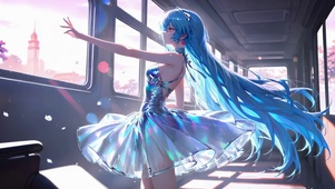 夕阳下列车里的蓝发炫彩少女