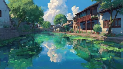 夏日蓝天湖畔古风建筑