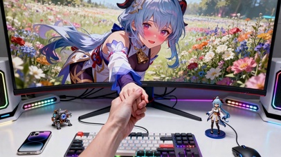 蓝发黑丝甘雨穿越屏幕与主人互动