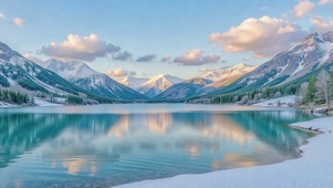 雪山湖泊的静谧晨曦