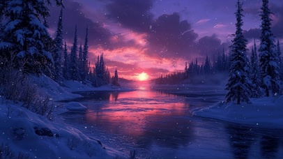 粉色朝霞日出雪原湖畔