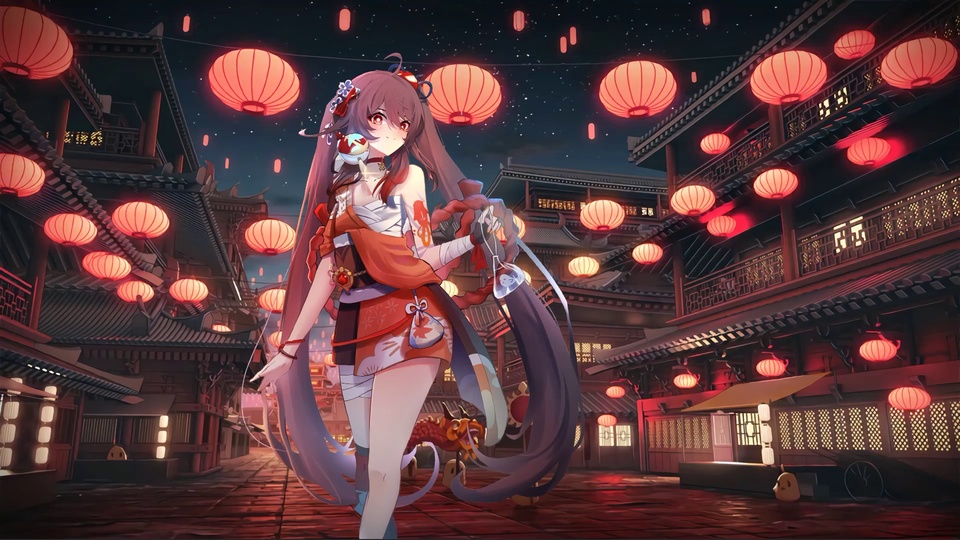 暗调星夜下，挂满红灯笼的古街中央站着穿橙白短衣的长发少女。
