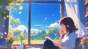 晨曦窗边写作的少女