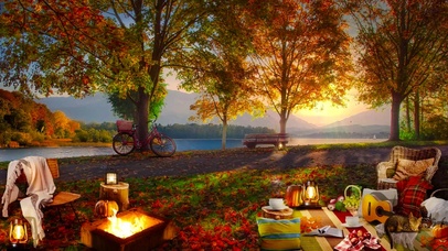 唯美夕阳秋天湖畔露营