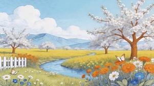 樱花树木河流