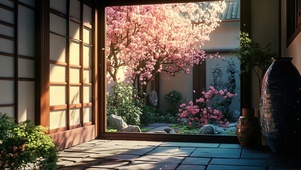 午后阳光春日樱花庭院