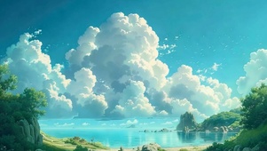 蓝天白云树木海景