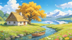 秋季白云树木河流