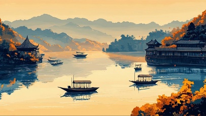 宁静秋日古城湖泊小船