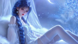 梦幻蓝发月下纯欲美少女