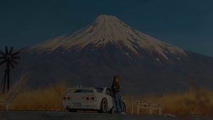 黄昏富士山与白色跑车