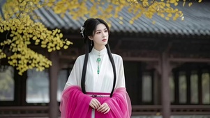 回廊前白衣红襟古风美女