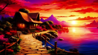 夕阳中的茅草屋