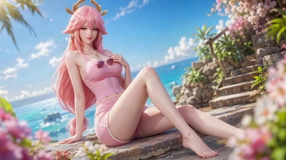 夏日海边粉发八重神子