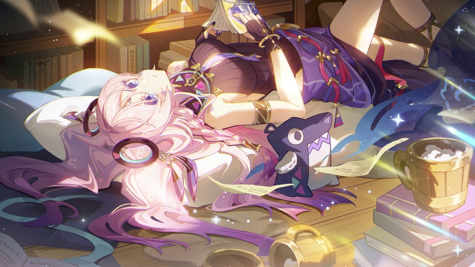 暖光书房里躺卧阅读的粉紫长发少女插画