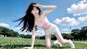 晴空草地清纯美女